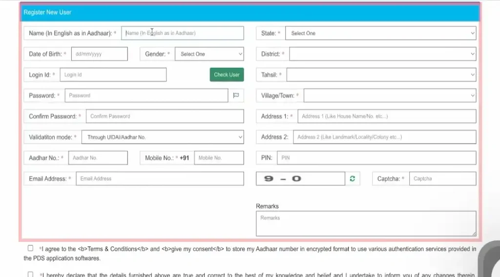 Register New User form on NFSP portal for ration card online registration