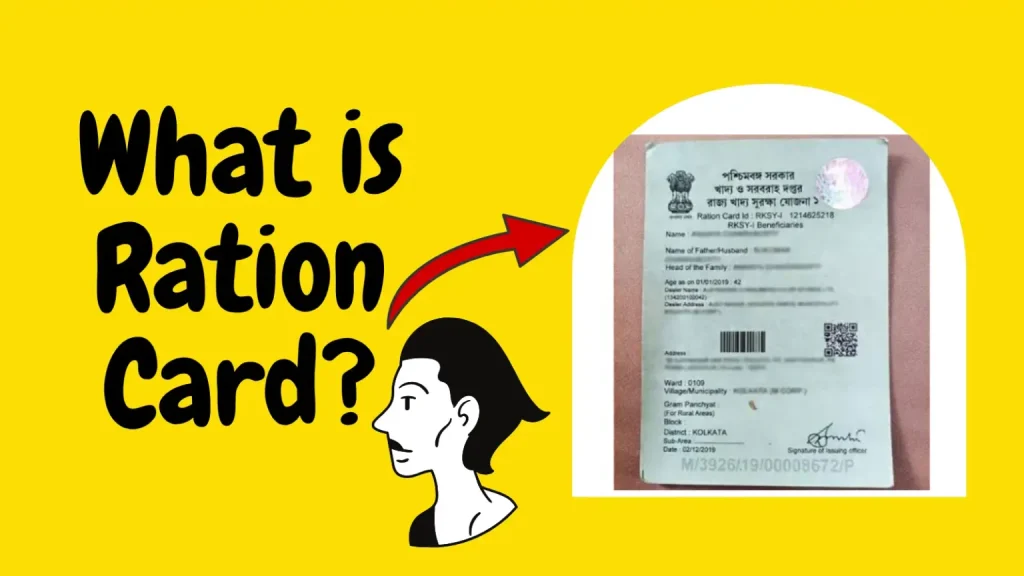 Ration Card Apply Online image showing Indian ration shop demonstrating ration card and food grains