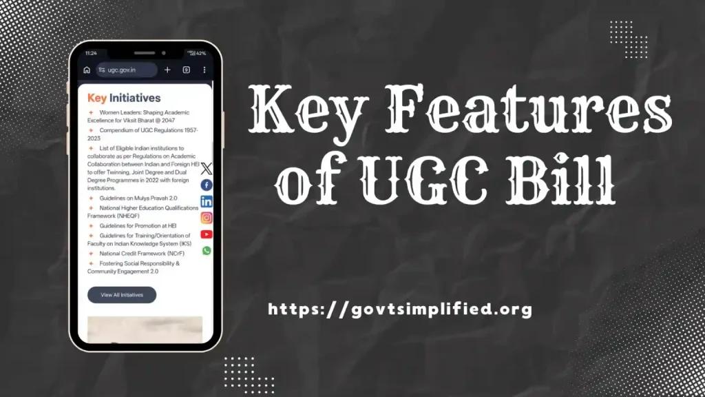 Key Features of UGC Bill 2026 infographic showing UGC initiatives, higher education reforms, and University Grants Commission regulations in India
