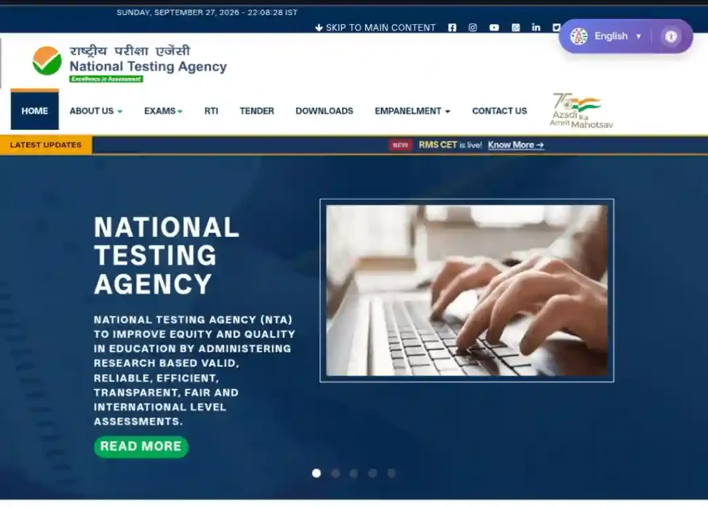National Testing Agency (NTA) official website homepage showing exam services, notices, and educational assessment information in India.